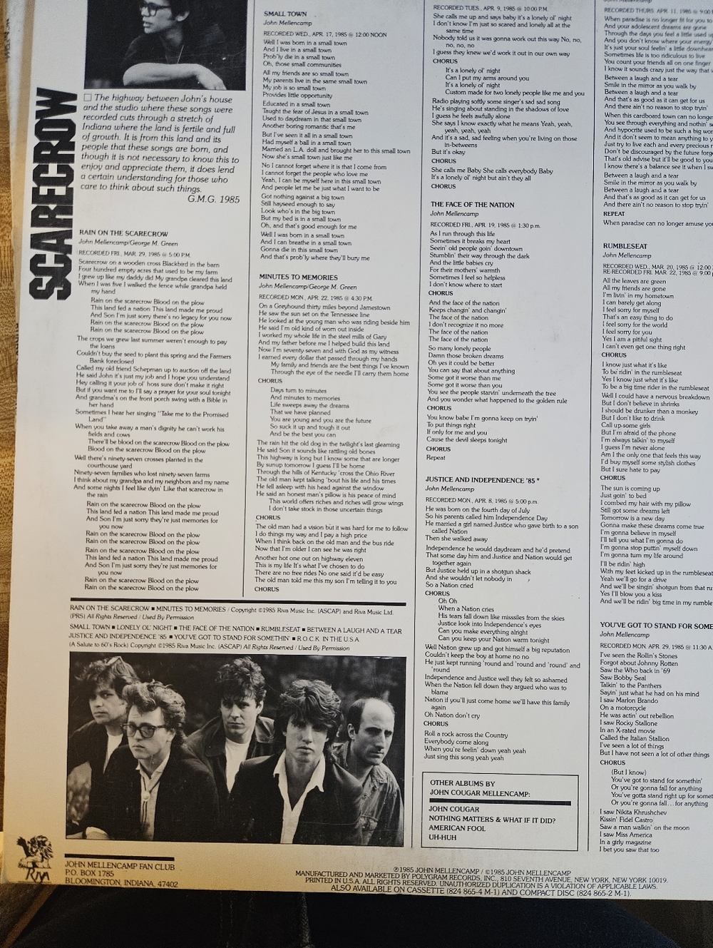 John Cougar Mellencamp "Scarecrow" Vinyl Record 1985 - Picture 4 of 9